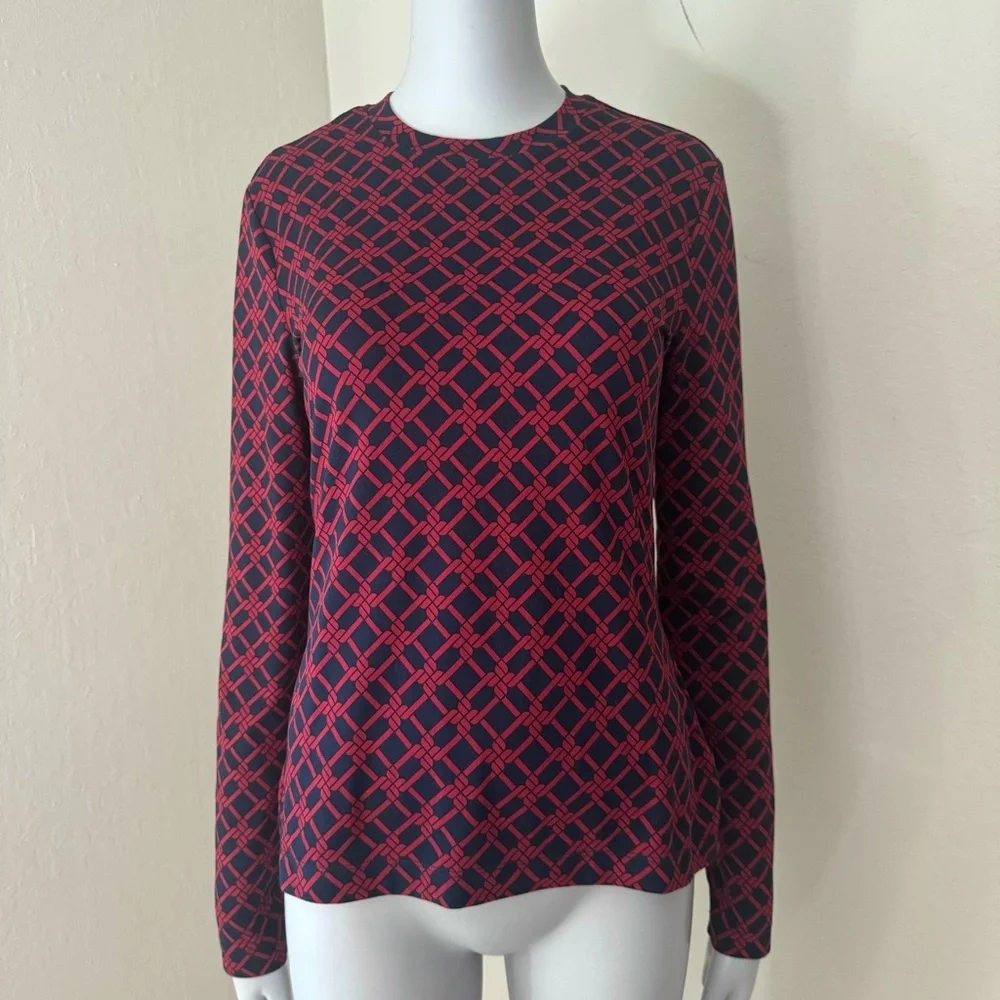 BROOKS BROTHERS Knit Top Long Sleeve Trellis Print Round Neck Red Navy Blue - Picture 9 of 12